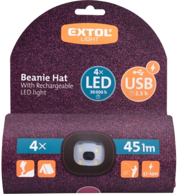 Čepice s čelovkou 4x45lm, USB nabíjení, fialová/černá, univerzální velikost EXTOL LIGHT