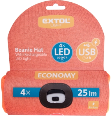 Čepice s čelovkou 4x25lm, USB nabíjení, fluorescentní oranžová, ECONOMY, univerzální velikost EXTOL LIGHT