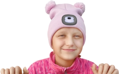 Čepice s čelovkou 4x25lm, USB nabíjení, růžová se třpytkou a bambulemi, dětská EXTOL LIGHT
