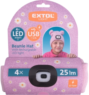 Čepice s čelovkou 4x25lm, USB nabíjení, růžová se třpytkou a bambulemi, dětská EXTOL LIGHT