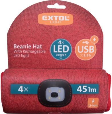 Čepice s čelovkou 4x45lm, USB nabíjení, červená, univerzální velikost EXTOL LIGHT