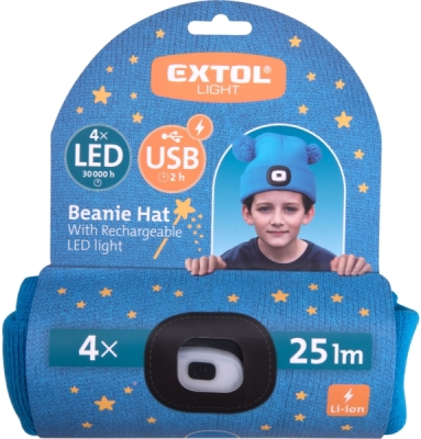 Čepice s čelovkou 4x25lm, USB nabíjení, modrá s bambulemi, dětská EXTOL LIGHT