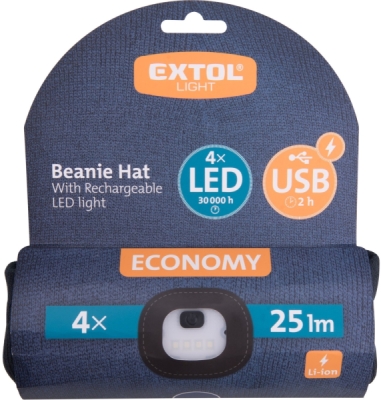 Čepice s čelovkou 4x25lm, USB nabíjení, tmavě modrá, ECONOMY, univerzální velikost EXTOL LIGHT