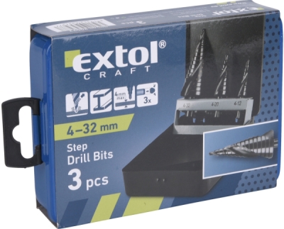 EXTOL CRAFT vrtáky stupňovité, sada 3ks, ∅4-12/1mm, ∅4-20/2mm, ∅4-32/2mm, 20092
