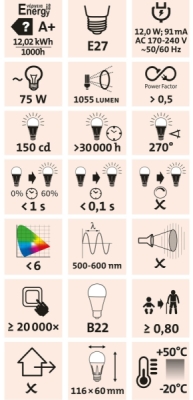 Žárovka LED klasická, 12W, 1055lm, E27, teplá bílá EXTOL LIGHT