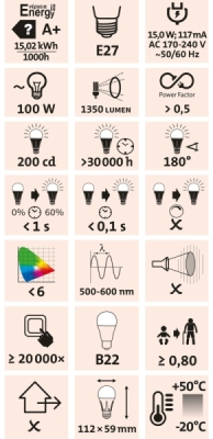 Žárovka LED klasická, 15W, 1350lm, E27, teplá bílá EXTOL LIGHT