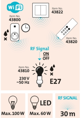Objímka na žárovku dálkově ovládaná, 2ks, rozšiřující sada, max. 60W žárovka, E27, dosah 30m EXTOL LIGHT