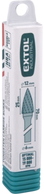 Fréza karbidová, ostrý oblouk, pr.12x25mm/stopka 6mm, sek střední EXTOL INDUSTRIAL