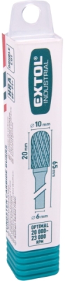 Fréza karbidová, válcová s kulovým čelem, pr.10x20mm/stopka 6mm, sek střední EXTOL INDUSTRIAL