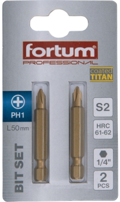 Hrot křížový phillips, sada 2ks, PH 1x50mm,titan. úprava, S2 FORTUM