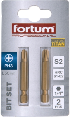 Hrot křížový phillips, sada 2ks, PH 2x50mm,titan. úprava, S2 FORTUM