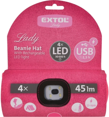 Čepice s čelovkou 4x45lm, USB nabíjení, růžová, univerzální velikost EXTOL LIGHT