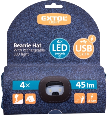 Čepice s čelovkou 4x45lm, USB nabíjení, modrá/černá, univerzální velikost EXTOL LIGHT