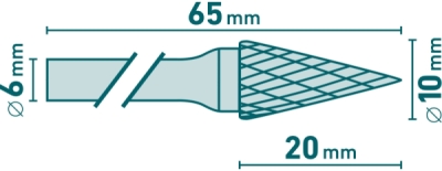 Fréza karbidová, konická-jehlan, pr.10x20mm/stopka 6mm, sek střední EXTOL INDUSTRIAL