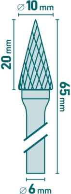 Fréza karbidová, konická-jehlan, pr.10x20mm/stopka 6mm, sek střední EXTOL INDUSTRIAL