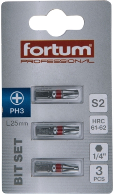 Hrot křížový phillips, sada 3ks, PH 3x25mm, S2 FORTUM