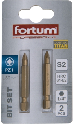 Hrot křížový pozidriv, sada 2ks, PZ 1x50mm,titan. úprava, S2 FORTUM