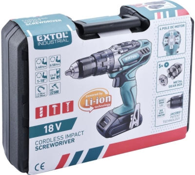 Vrtací šroubovák aku s příklepem, 18V Li-ion, 4 pólový motor, 2000mAh, bez baterie a nabíječky EXTOL INDUSTRIAL