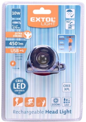 Čelovka 450lm CREE XPL, USB nabíjení, 10W CREE XPL, funkce ZOOM EXTOL LIGHT