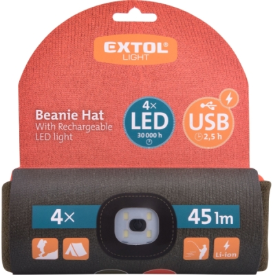 Čepice s čelovkou 4x45lm, USB nabíjení, fluorescentní oranžová/khaki zelená, oboustranná, univerzální velikost EXTOL LIGHT