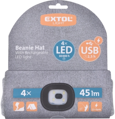 Čepice s čelovkou 4x45lm, USB nabíjení, šedá, univerzální velikost EXTOL LIGHT