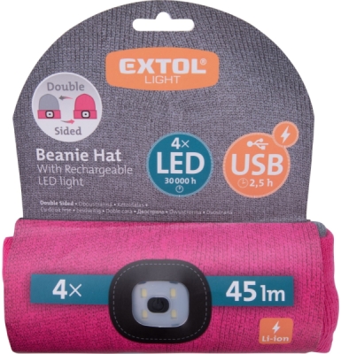 Čepice s čelovkou 4x45lm, USB nabíjení, světle šedá/růžová, oboustranná, univerzální velikost EXTOL LIGHT