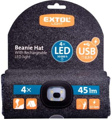 Čepice s čelovkou 4x45lm, USB nabíjení, šedá/černá, univerzální velikost EXTOL LIGHT