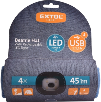 Čepice s čelovkou 4x45lm, USB nabíjení, modrá, univerzální velikost EXTOL LIGHT