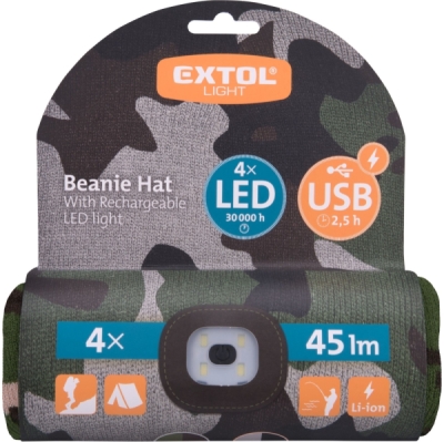Čepice s čelovkou 4x45lm, USB nabíjení, maskovací, univerzální velikost EXTOL LIGHT