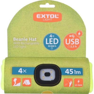 Čepice s čelovkou 4x45lm, USB nabíjení, fluorescentní žlutá, univerzální velikost EXTOL LIGHT