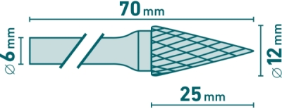 Fréza karbidová, konická-jehlan, pr.12x25mm/stopka 6mm, sek střední EXTOL INDUSTRIAL