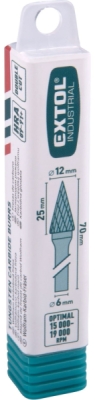 Fréza karbidová, konická-jehlan, pr.12x25mm/stopka 6mm, sek střední EXTOL INDUSTRIAL