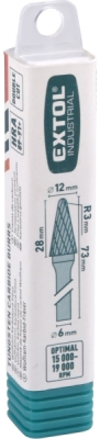 Fréza karbidová, konická 14° zakulacená, pr.12x28mm/stopka 6mm, sek střední EXTOL INDUSTRIAL