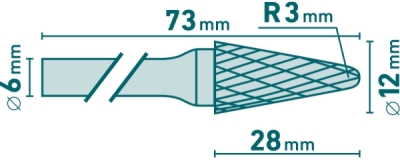 Fréza karbidová, konická 14° zakulacená, pr.12x28mm/stopka 6mm, sek střední EXTOL INDUSTRIAL