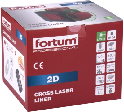 Laser zelený 2D liniový, křížový samonivelační FORTUM