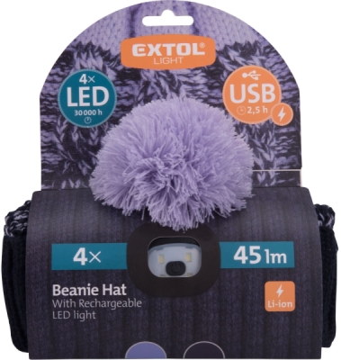 Čepice s čelovkou 4x45lm, USB nabíjení, tmavě modrá/fialová s bambulí, univerzální velikost EXTOL LIGHT