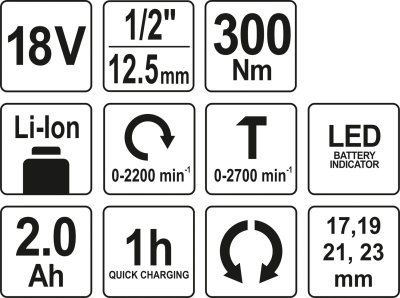Rázový utahovák AKU 1/2" 18V 300Nm Yato YT-82804