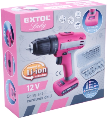 Vrtací šroubovák aku, růžový, 12V Li-ion, 1500mAh EXTOL LADY