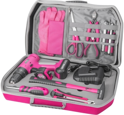 Vrtací šroubovák aku s příklepem, růžový, 12V Li-ion, 2000mAh, v kufru s nářadím, sada 27ks EXTOL LADY