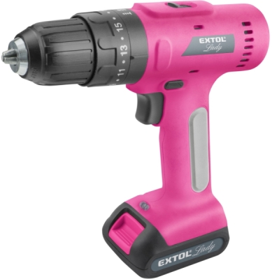 Vrtací šroubovák aku s příklepem, růžový, 12V Li-ion, 2000mAh, v kufru s nářadím, sada 27ks EXTOL LADY