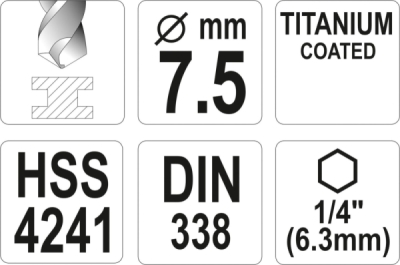 Vrták na kov TITAN 1/4" 7,5mm Yato YT-44767