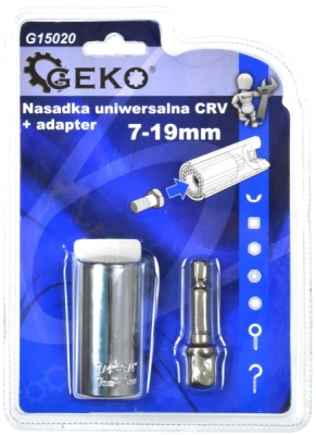 Univerzální nástrčná hlavice CrV 7-19mm + adaptér GEKO G15020