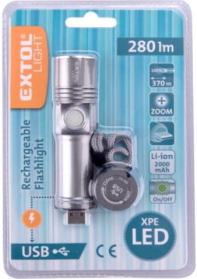 Svítilna 280lm, zoom, USB nabíjení, XPE LED EXTOL LIGHT