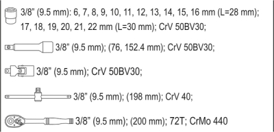 Sada nářadí gola 3/8" YATO 22 kusů YT-38561
