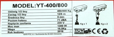Elektrický lanový naviják 400/800 230V MAR-POL M80791