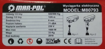 Elektrický lanový naviják 500/1000 230V MAR-POL M80793