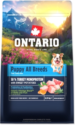 Krmivo Ontario Puppy & Junior All Breeds Monoprotein Turkey & Sweet Potatoes 0,75kg