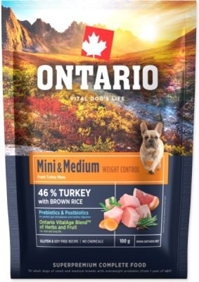 Vzorek Ontario Mini & Medium Weight Control Turkey & Brown Rice 0,1kg
