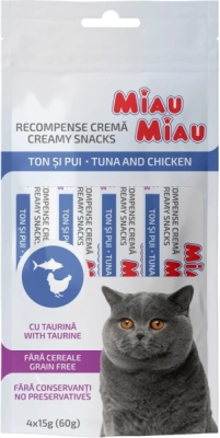 Miau Miau Creamy Snacks Cat tuňák a kuřecí 15 g (4 pack)