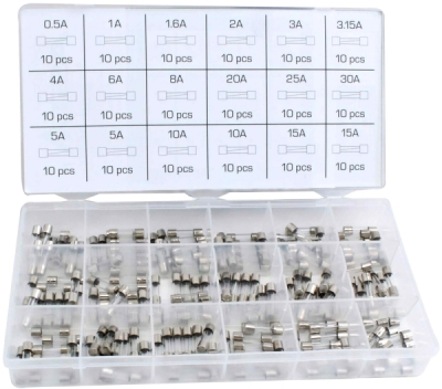 Autopojistky skleněné trubičkové, 0,5-30 A, 5x20 mm, pro autoveterány, sada 180 ks - ASTA A-TC520